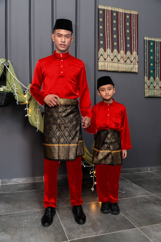 Arjuna Cekak Musang Bapa & Anak Moden Fit - Merah Delima Baju Melayu