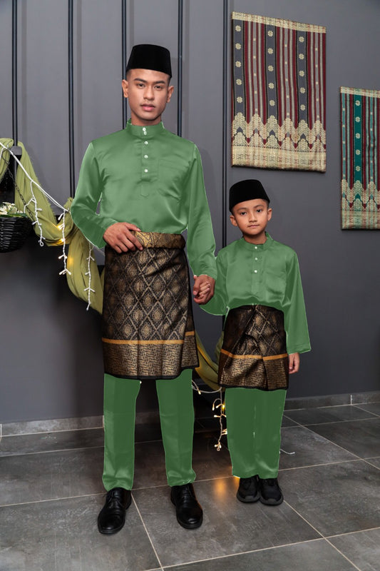 Arjuna Cekak Musang Bapa & Anak Moden Fit - Hijau Zaitun Baju Melayu