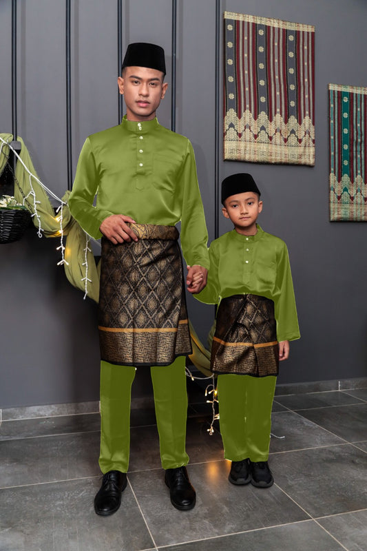 Arjuna Cekak Musang Bapa & Anak Moden Fit - Hijau Lumut Baju Melayu